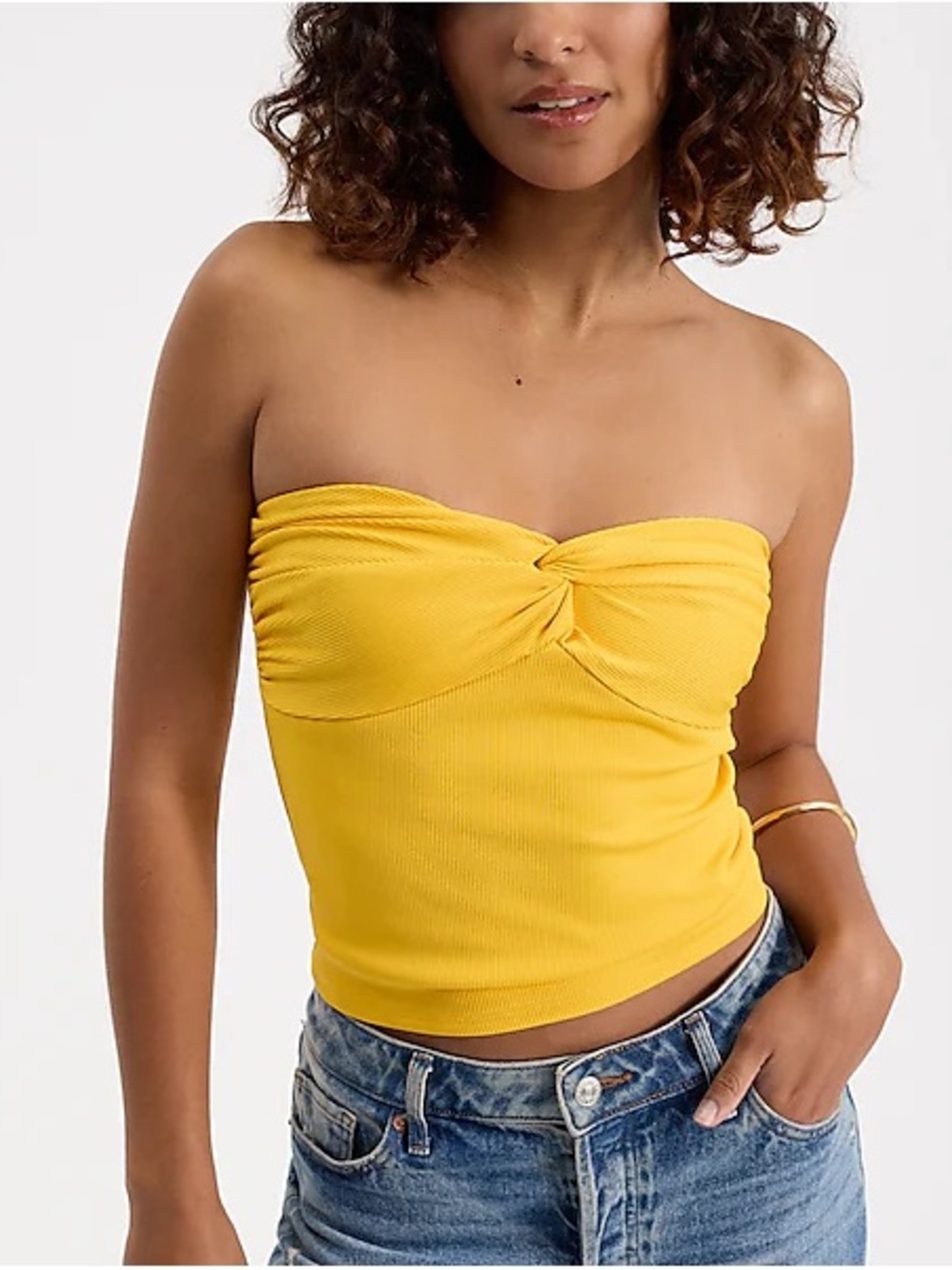 Express Yellow Twist-Front Strapless Ribbed Camisole